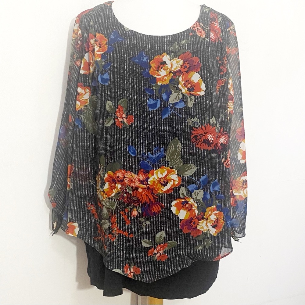 ALYX Sheer Floral Print Overlay Tiered, Tie Detail On Sleeves, Blouse Top 3X